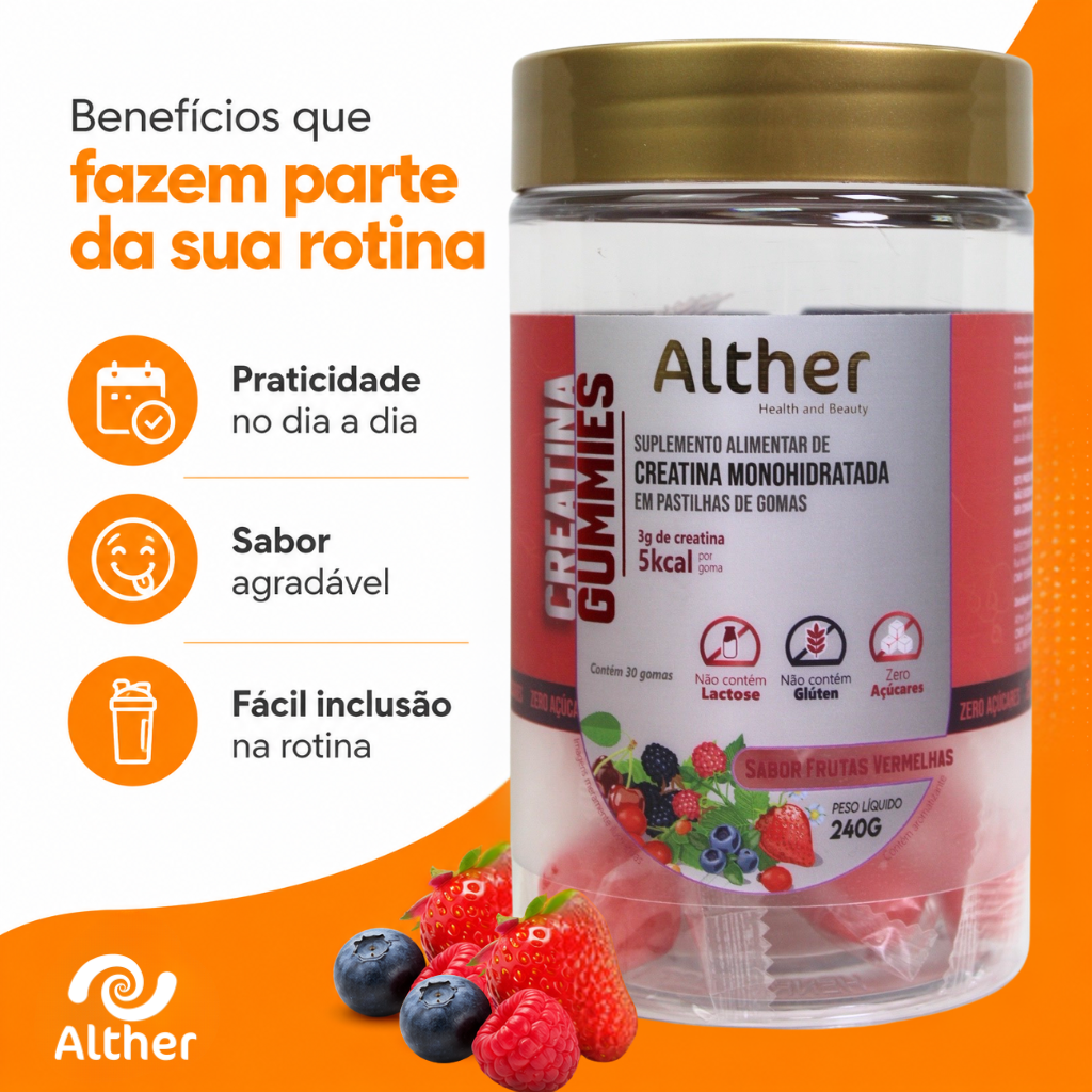 Creatina Gummies Alther Frutas Vermelhas – 3g por goma | 30 unidades