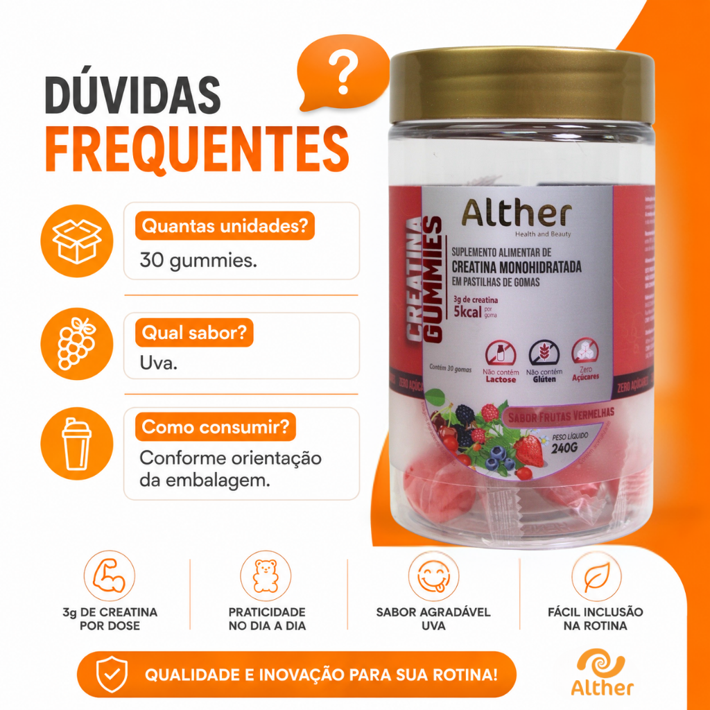 Creatina Gummies Alther Frutas Vermelhas – 3g por goma | 30 unidades