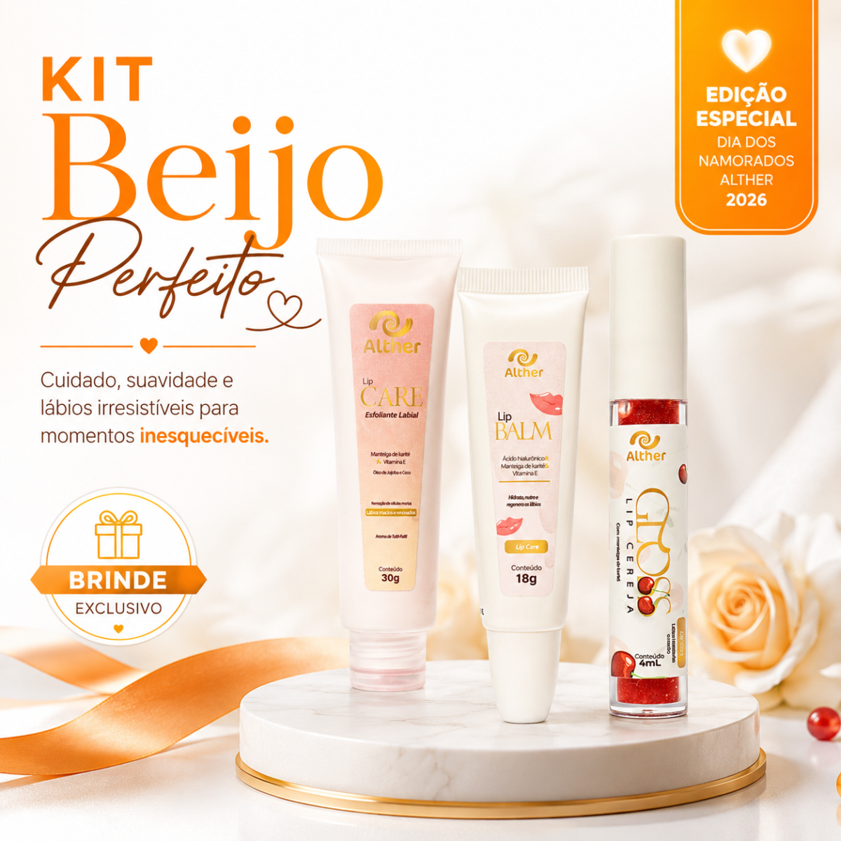 Kit Beijo Perfeito ALTHER | Esfoliante Labial + Gloss + Lip Balm + Brinde
