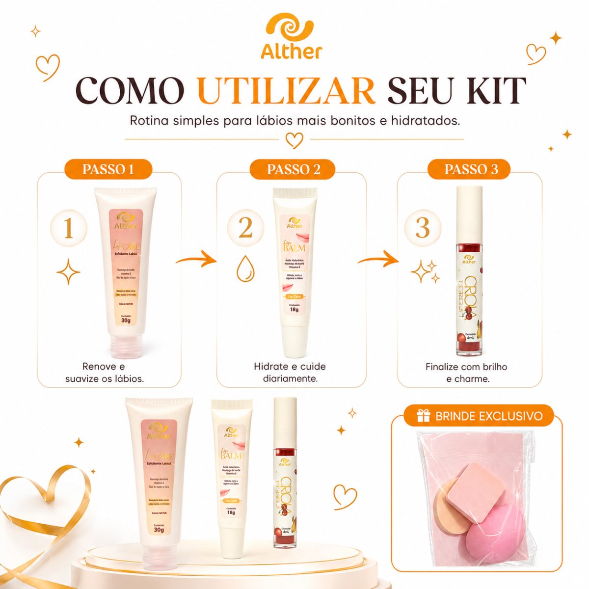 Kit Beijo Perfeito ALTHER | Esfoliante Labial + Gloss + Lip Balm + Brinde